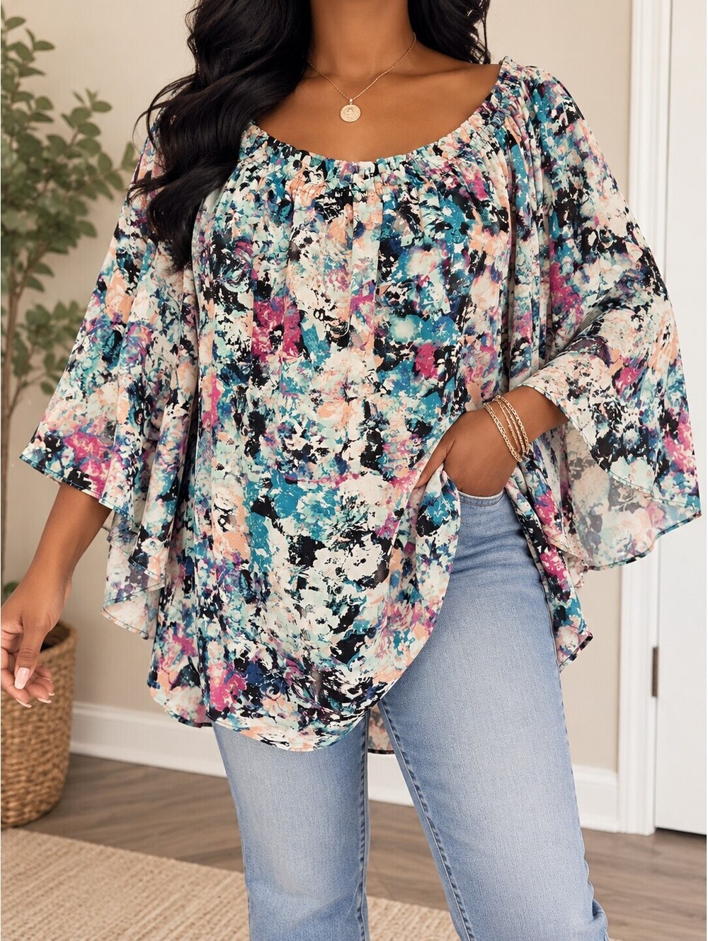 Boutique 2X Abstract Floral Bell Sleeve Boho Peasant Blouse